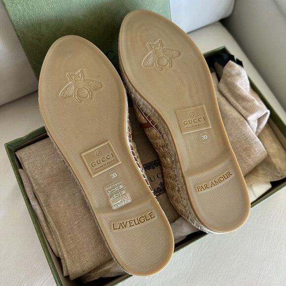 NEW GUCCI || Adela GG Raffia Espadrilles Brown Leather Logo EU 39 US 9 Shoes - Picture 7 of 11